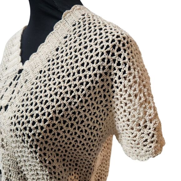 Vintage Crochet Shirt S M Cardigan Ecru V Neck Doily Scallop Loose Weave - Picture 3 of 9